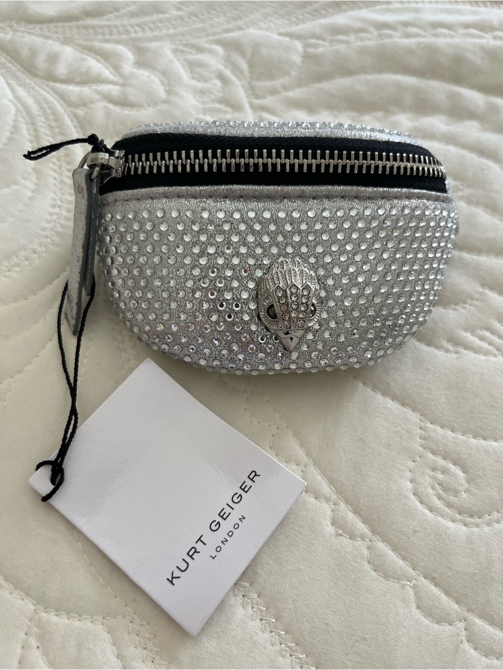 Kurt Geiger Silver Crystal Mini Coin Pouch Kensington Pebbled Faux Leather Wrist - Picture 2 of 7
